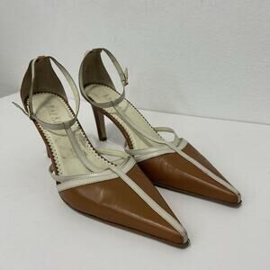 Lauren Ralph Lauren Winona Leather Ankle Strap Pointed Toe Heels White Tan 9.5B